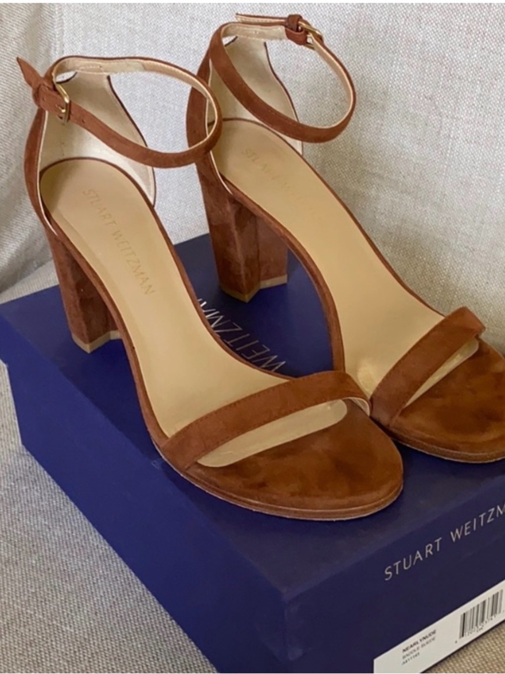 Stuart Weitzman Tan Suede Block Heel Ankle-Strap Sandals